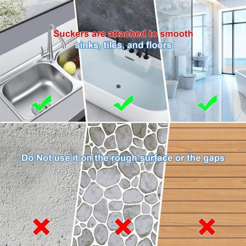 3 Pack 5.5 Inch Silicone Drain Covers With Strong Suction Bases Flat Square Hair Catchers For Showers And Kitchen Sinks Reusable Gray Strainers images showing proper and improper surfaces for suction.