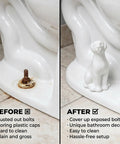 Adorable White Ceramic Dog Toilet Bolt Covers Transform Your Bathroom With These Hella Stylish Screw Caps That Bring Real Personality To Your Space While Offering No Sweat Install 2 Piece Set showing before and after toilet bolt covers.