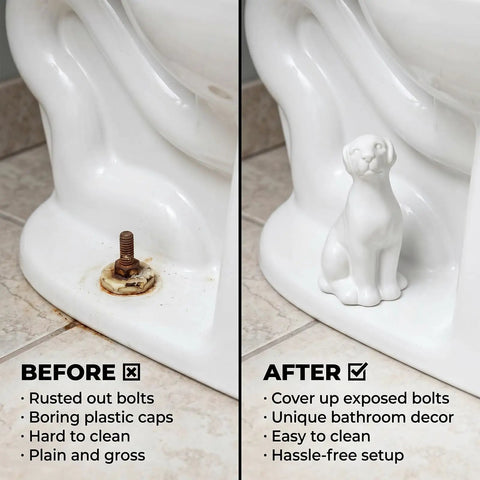 Adorable White Ceramic Dog Toilet Bolt Covers Transform Your Bathroom With These Hella Stylish Screw Caps That Bring Real Personality To Your Space While Offering No Sweat Install 2 Piece Set showing before and after toilet bolt covers.