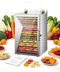 Hardcore Electric Food Dehydrator With 18 Stainless Steel Trays For Home And Commercial Use Featuring 360 Swirling Airflow And Precise Dial Thermostat with assorted snacks.