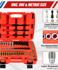 61-piece thread repair kit in orange case with UNC/UNF/metric taps, dies, thread files, and gauge.