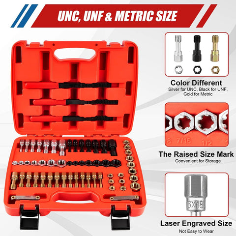 61-piece thread repair kit in orange case with UNC/UNF/metric taps, dies, thread files, and gauge.