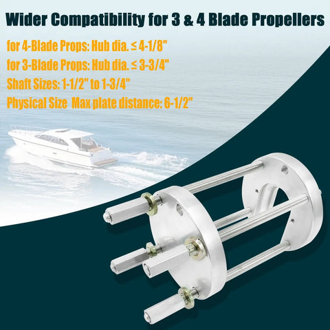 Beefed Up Prop Puller Kit For 3 And 4 Blade Boat Propellers Marine Prop Removal Tool with visible dimensions and compatibility details.