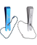 Stainless Steel Fishing Line Nipper Cutter With Keychain For Fly Fishing Dope Compact Tool For Precise Line Cutting And Hook Eye Cleaning And Corrosion Resistant Clip, showing blue and silver nippers with chain.
