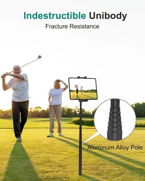 Golf Tablet Holder Monopod Stand for Swing Training with aluminum alloy pole on golf course showcasing swing analysis.