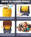 Four-step guide for using Quiet Rock Tumbler Kit With 5 Day Timer For Kids And Adults, showing barrel and polished gemstones.