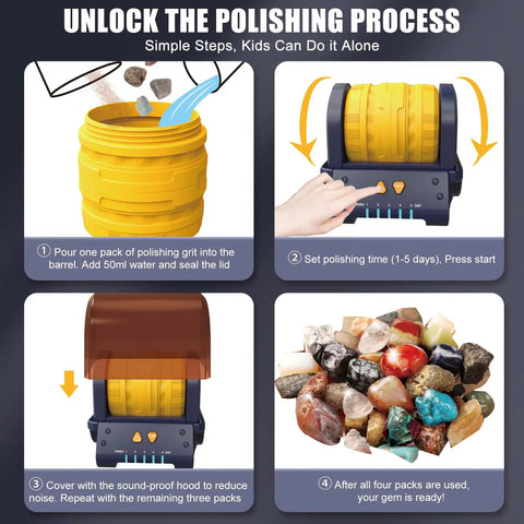 Four-step guide for using Quiet Rock Tumbler Kit With 5 Day Timer For Kids And Adults, showing barrel and polished gemstones.