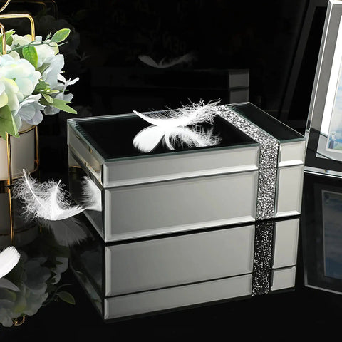 Lux Glass Mirrored Jewelry Box With Crushed Diamonds Strip Decor And Blinged Out Sparkle Accent Storage For Rings Earrings