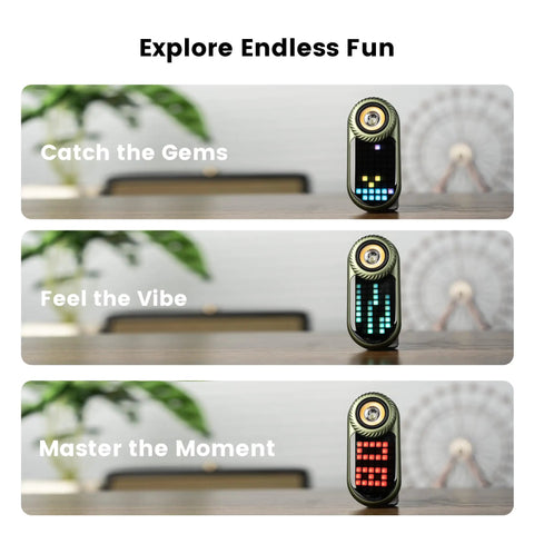 Rechargeable EDC Flashlight With RGB Pixel Display And Interactive Games Adjustable Brightness shown in modes: gems, vibe, moment.