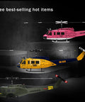 Three UH-1 Huey RC Helicopter 1 To 48 Scale For Adults Dope 2.4Ghz models in pink, yellow, and green on display