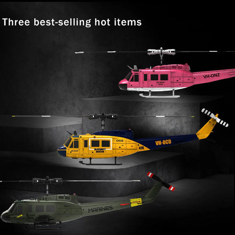 Three UH-1 Huey RC Helicopter 1 To 48 Scale For Adults Dope 2.4Ghz models in pink, yellow, and green on display
