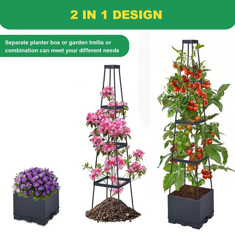 Two Pack Raised Garden Bed With Tomato Cages And Trellis, 57 Inch Self Watering Planter Box for climbing plants, vegetables, and flowers