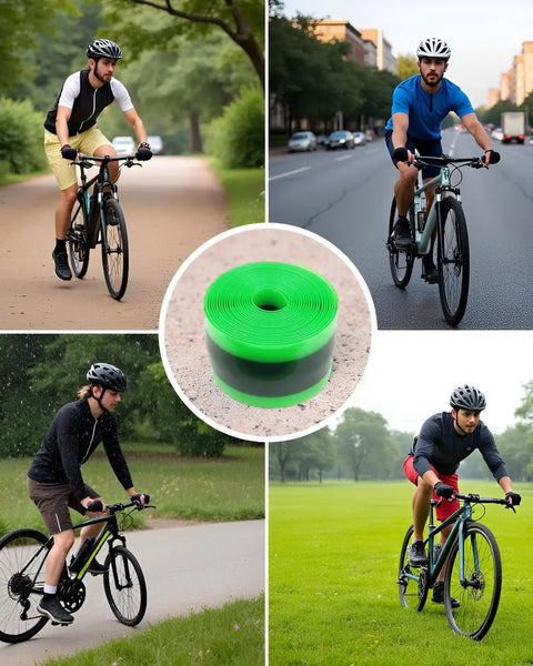 Mountain Bike Tire Liner Inner Tube Flat Protector Pair For 24in 26in 29in Wheels 1mm Thick Polyurethane Barrier shown with cyclists