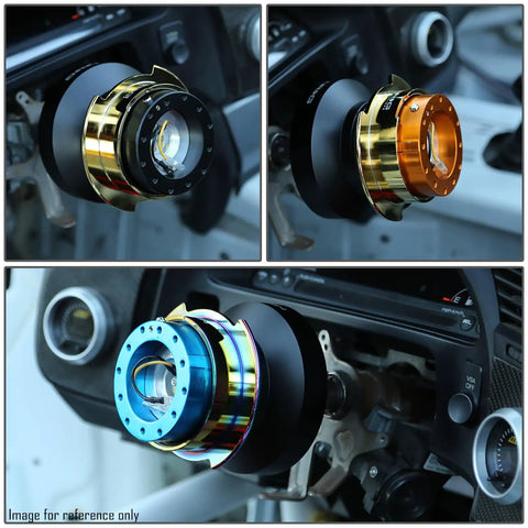 Lockable Aluminum Steering Short Hub And Quick Release Adapter Unit With 6x70mm Bolt Pattern For C6 Corvette Silverado And CTS in multiple angles.