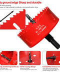 Hole saw 3 3/8 in red HSS bi-metal with center bit and arbor for wood and plastic, Amazon brand.