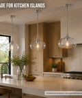 HXXLFONEDP Glass Pendant Light for Kitchen Island, 10 Inch, Brushed Nickel, three clear glass fixtures over a modern kitchen island.