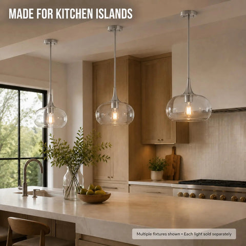 HXXLFONEDP Glass Pendant Light for Kitchen Island, 10 Inch, Brushed Nickel, three clear glass fixtures over a modern kitchen island.