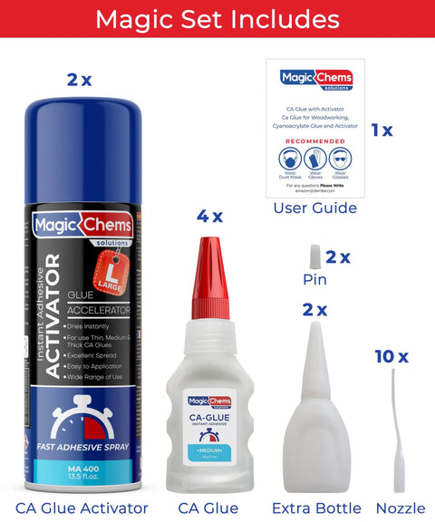 Beast Mode Power Bond Cyanoacrylate Glue With Activator Kit showing activator, glue bottles, user guide, pins, extra bottles, and nozzles.