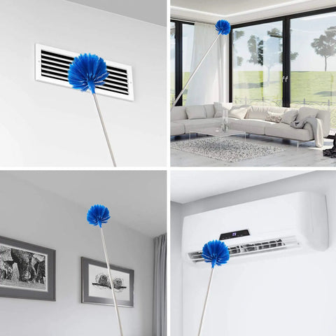 Grab And Go Cobweb Duster With Extension Pole Kit Washable Duster Aluminum Telescoping Rod Dual Duster Heads in use on vents and ceilings.