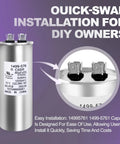 Run Capacitor 60 Plus 5 MFD 370VAC Swap In Coleman RV Air Conditioner Motors, with label and installation focus.