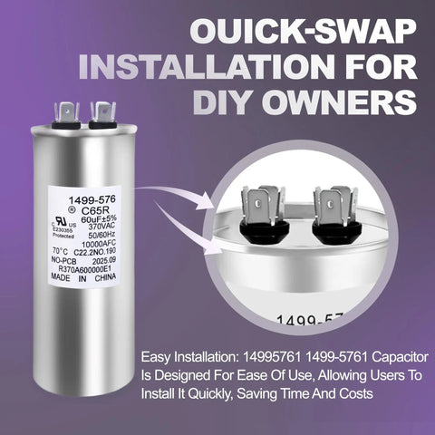 Run Capacitor 60 Plus 5 MFD 370VAC Swap In Coleman RV Air Conditioner Motors, with label and installation focus.