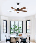 Geelife 42" 5PCS Solid Wood Blades Ceiling Fan with Lights Remote Control in a modern dining area with large windows.
