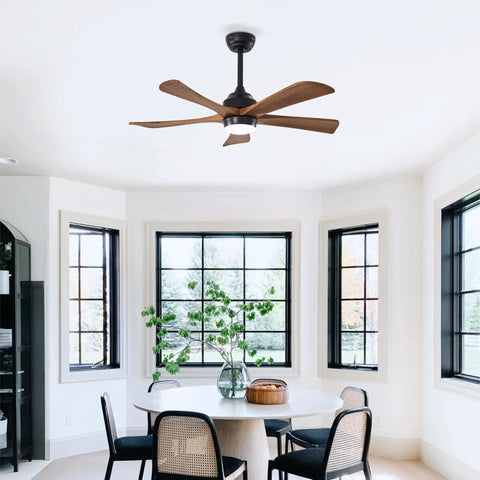 Geelife 42" 5PCS Solid Wood Blades Ceiling Fan with Lights Remote Control in a modern dining area with large windows.