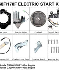 168F/170F electric start kit components including fan cover, starter motor, flywheel, control box, and mounting bolts.