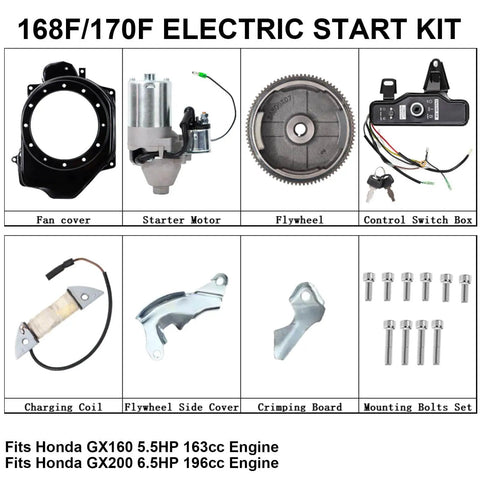 168F/170F electric start kit components including fan cover, starter motor, flywheel, control box, and mounting bolts.