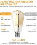 Dimmable LED Edison Bulbs 8W Equivalent 60W E26 Filament Vintage Vibe Daylight 5000K Bright White 80 Plus CRI Perfect For Home Indoor Outdoor ST19 ST58 6 Pack comparison with incandescent bulb highlighting energy savings.