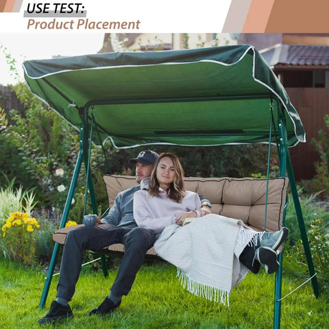 Couple sitting on swing with Outdoor Swing Cushions For 3 Seater Waterproof Porch Replacement With Backrest, khaki color.