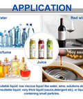 Application guide for Compact Digital Control Liquid Filling Machine 5 To 3500ml With Pedal Or Auto Modes, showing suitable liquids.