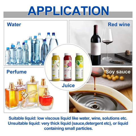 Application guide for Compact Digital Control Liquid Filling Machine 5 To 3500ml With Pedal Or Auto Modes, showing suitable liquids.