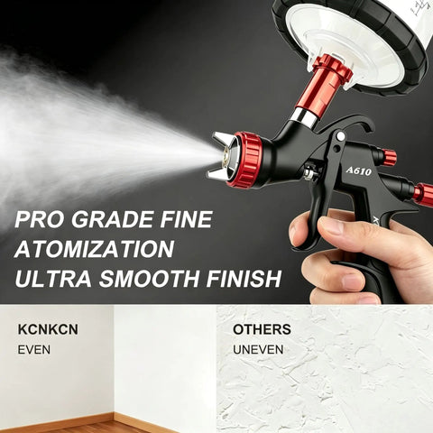 Pro Grade Lvlp Automotive Paint Spray Gun Featherweight Champion with fine atomization in use, delivering ultra smooth finish.