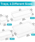 Level Up Your Vanity Game With This 10 Piece Clear Drawer Organizer Set, showing four sizes of clear plastic trays.