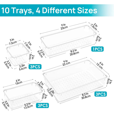 Level Up Your Vanity Game With This 10 Piece Clear Drawer Organizer Set, showing four sizes of clear plastic trays.