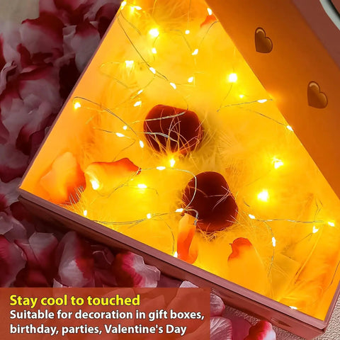 Six Pack Battery Operated Fairy Lights With 7 Foot Copper Wire And 20 LEDs Per String Warm White Firefly String Lights glowing in gift box