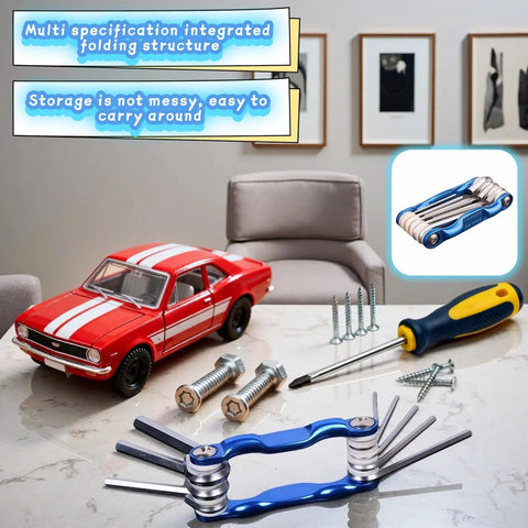 8-In-1 Folding Hex Key Set With Carabiner, CR-V Steel Metric Allen Wrenches 1.5-6mm next to toy car and tools on table