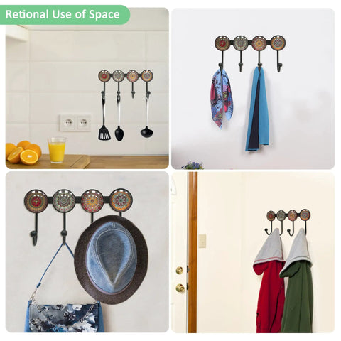 Wall Mounted Coat Rack With Four Hooks Round Brown Mandala Pattern Boho Chic Decorative Wall Hanger For Hats Keys Towels Purses Bags And Robes In Entryway Or Bathroom A Stylish Functional Home Organizer, shown with hats and towels on hooks in various rooms.