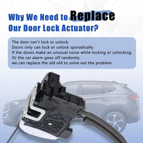 Front Right Door Lock Actuator Passenger Side Door Latch Assembly Replaces 81320 2S000 Fits 2010 To 2017 Hyundai Tucson, showing actuator with vehicle background.