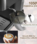Top Shelf Espresso Coffee Machine With 20 Bar Italian Pump And 1050W Fast Heat Boiler, showing stainless steel froth wand in use.