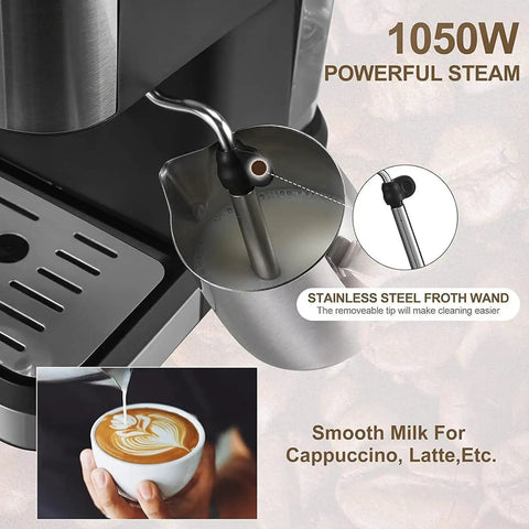 Top Shelf Espresso Coffee Machine With 20 Bar Italian Pump And 1050W Fast Heat Boiler, showing stainless steel froth wand in use.