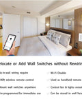 Smooth Wireless Dimmer Light Switch And Smart Receiver That Hooks Up Easy With Alexa For Quick Voice Control And Remote Tweaks While Handling Any Ceiling Fan Lamp Setup Without Breaking A Sweat in a modern bedroom with fixed wall switch and smartphone remote.