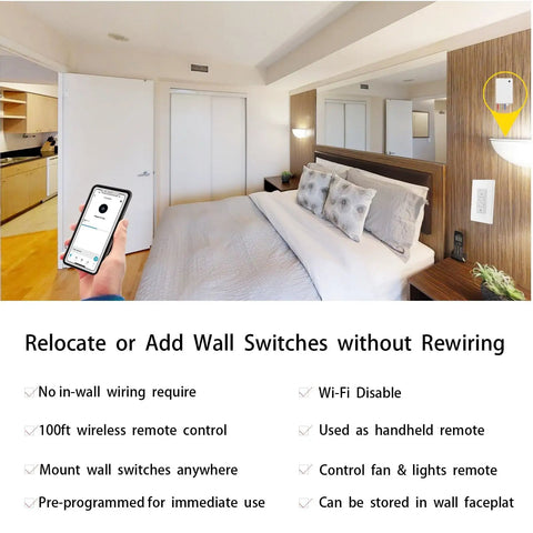 Smooth Wireless Dimmer Light Switch And Smart Receiver That Hooks Up Easy With Alexa For Quick Voice Control And Remote Tweaks While Handling Any Ceiling Fan Lamp Setup Without Breaking A Sweat in a modern bedroom with fixed wall switch and smartphone remote.