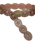 Rock That Wild West Attitude With This Dope Vintage Western Cowboy Disc Belt Featuring Adjustable Pu Leather Wrap Chainmail Straps And Heavy Duty Riveted Metal Conchos For Daily Wear, brown PU leather with metal conchos, 43 inches long.