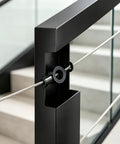20 Pack 3/8 Inch Black Cable Railing Angle Washers T316 Marine Grade Stainless Steel Rock Solid 30 Degree Beveled Brackets in use on a staircase.