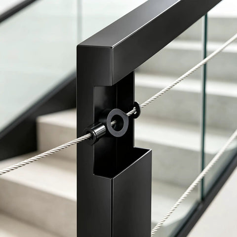 20 Pack 3/8 Inch Black Cable Railing Angle Washers T316 Marine Grade Stainless Steel Rock Solid 30 Degree Beveled Brackets in use on a staircase.