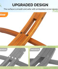 Close-up of wood arc hammock stand with embedded screw covers showing upgraded design for outdoor use.