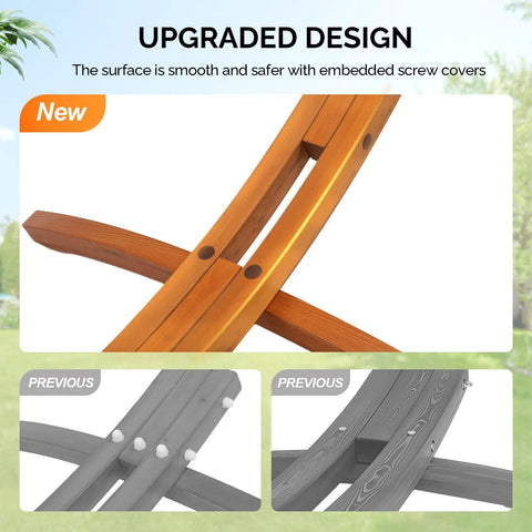 Close-up of wood arc hammock stand with embedded screw covers showing upgraded design for outdoor use.