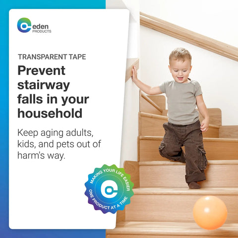 Child safely walking downstairs with clear non slip stair treads for wooden steps indoor with roller 15 PCS PEVA strips.